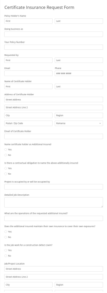 Free Forms Certificate Insurance Request Form