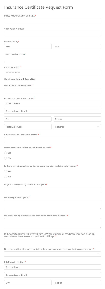 Free Forms Insurance Certificate Request Form